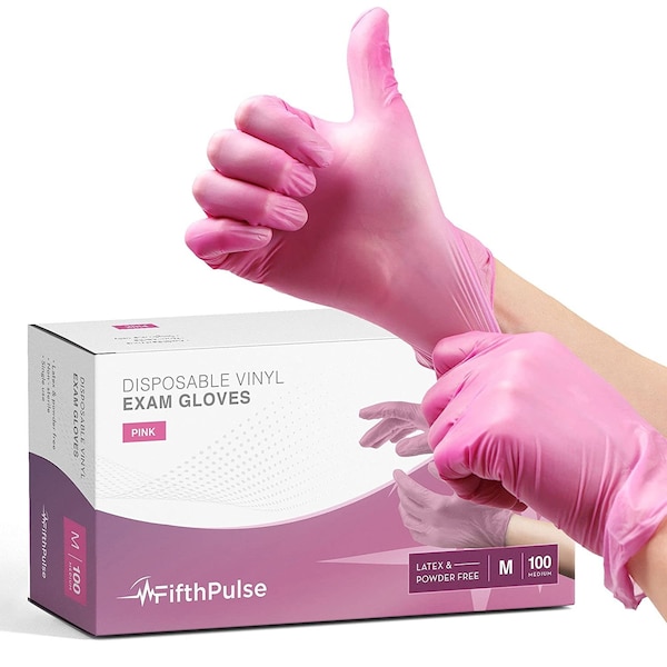 Fifthpulse FMN1000, Disposable Gloves, 3 mil Palm, Vinyl, Powder-Free, M, 100 PK, Pink FP-V-100-M-PNK - main